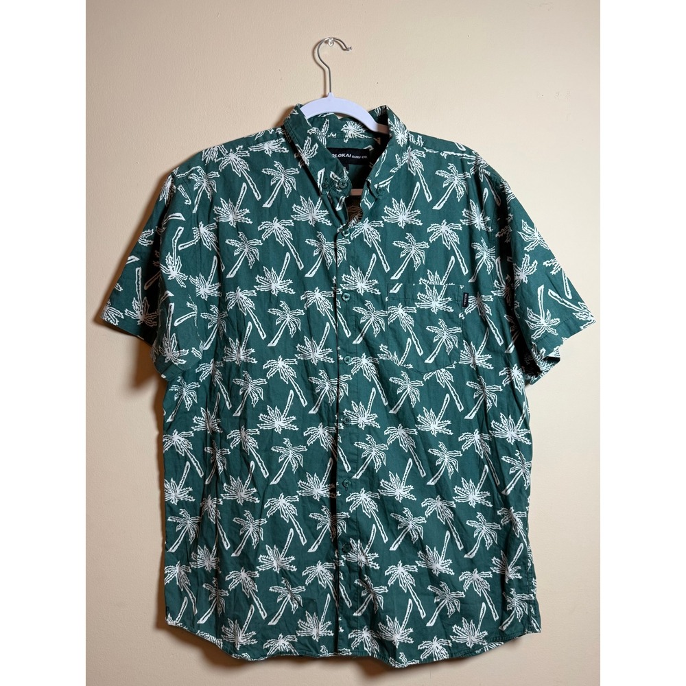 Molokai Surf Co Mens XL Green Palm Tree Print Short Sleeve Button Down Shirt